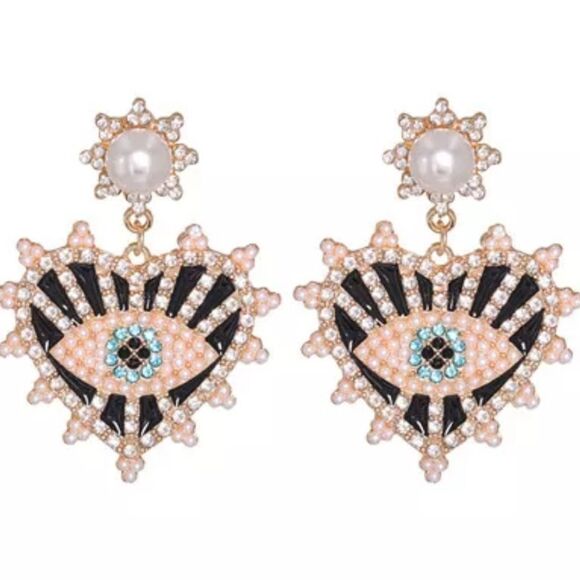 NWOT Rhinestone Eyeball Heart Earrings - Picture 1 of 1